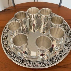 Antique Silver Plated round tray with 8 mini cups